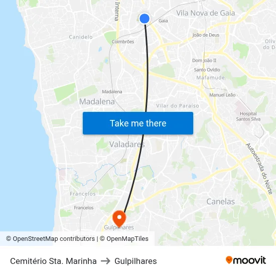 Cemitério Sta. Marinha to Gulpilhares map