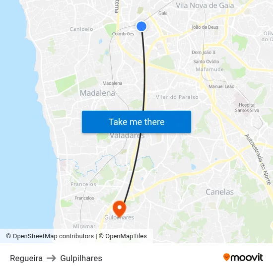 Regueira to Gulpilhares map