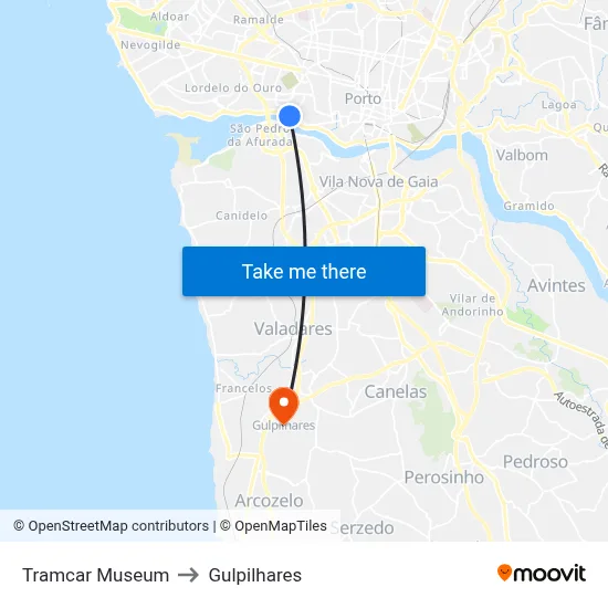 Tramcar Museum to Gulpilhares map
