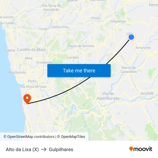 Alto da Lixa (X) to Gulpilhares map