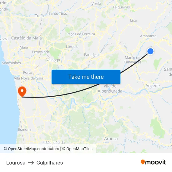 Lourosa to Gulpilhares map