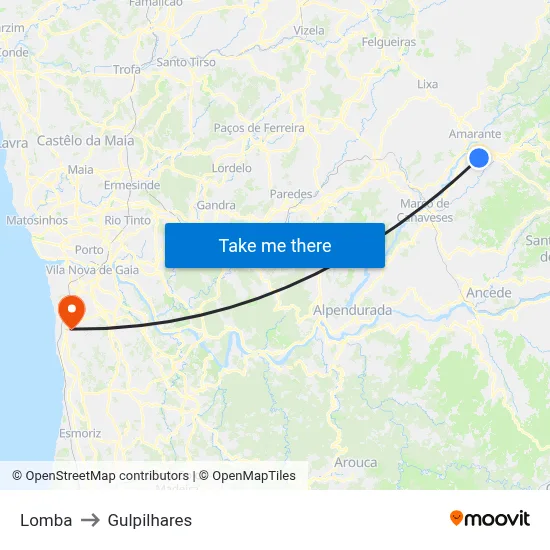 Lomba to Gulpilhares map