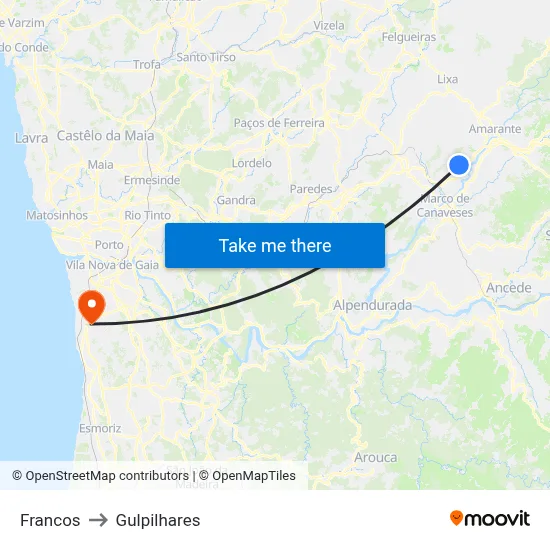 Francos to Gulpilhares map