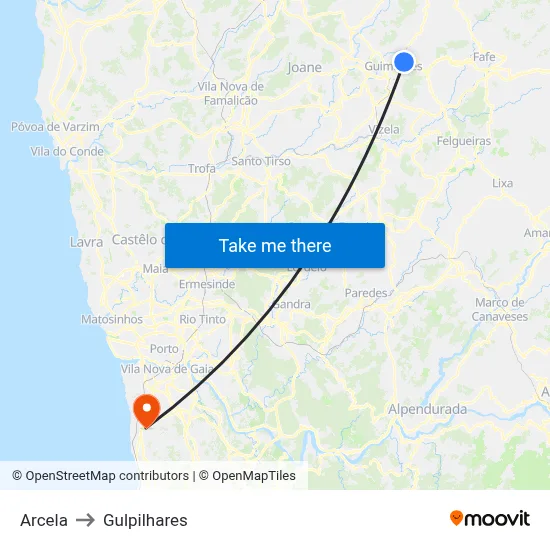 Arcela to Gulpilhares map