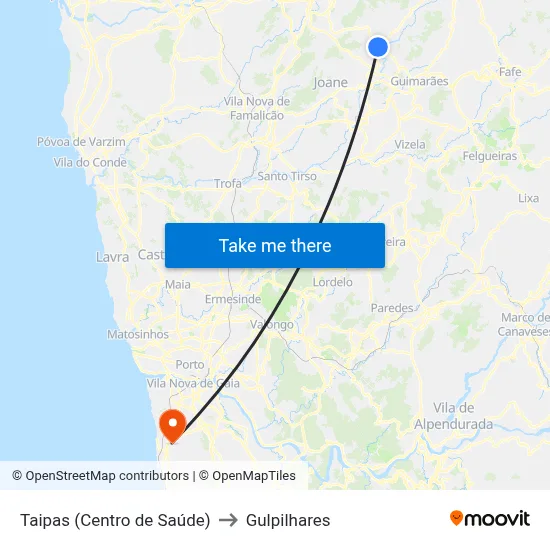 Taipas (Centro de Saúde) to Gulpilhares map