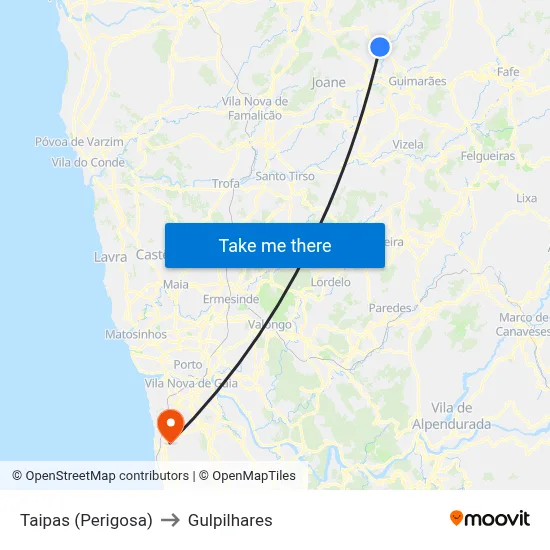 Taipas (Perigosa) to Gulpilhares map