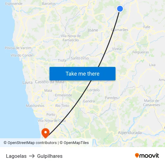 Lagoelas to Gulpilhares map