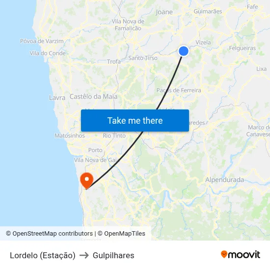 Lordelo (Estação) to Gulpilhares map