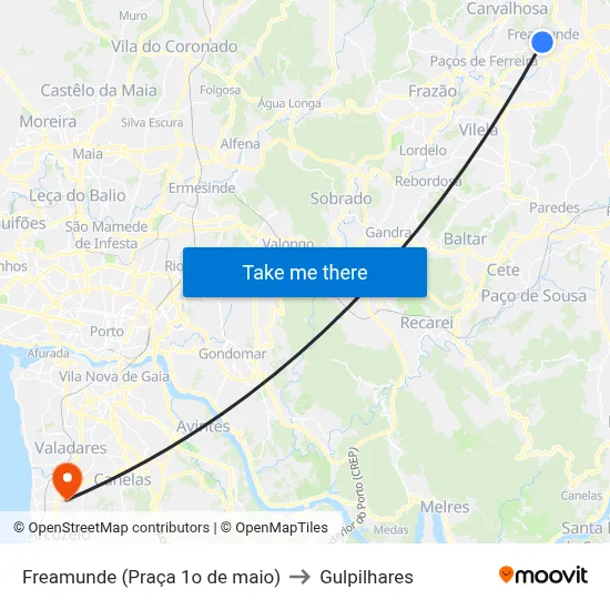 Freamunde (Praça 1o de maio) to Gulpilhares map