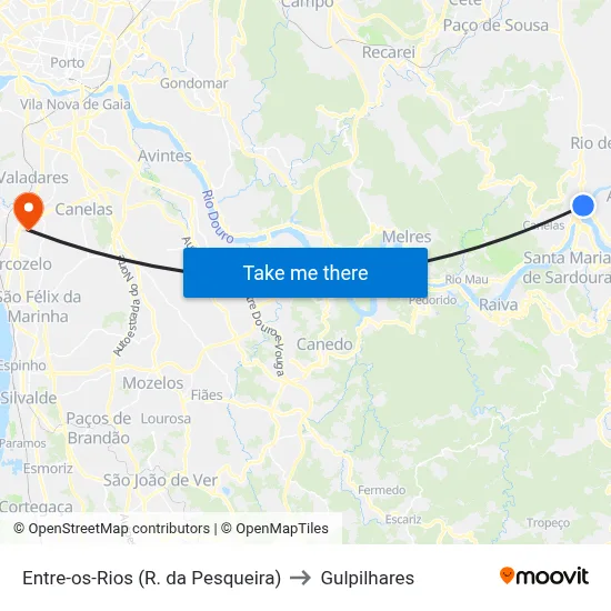 Entre-os-Rios (R. da Pesqueira) to Gulpilhares map
