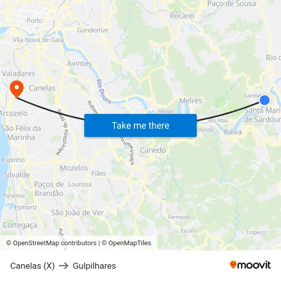 Canelas (X) to Gulpilhares map