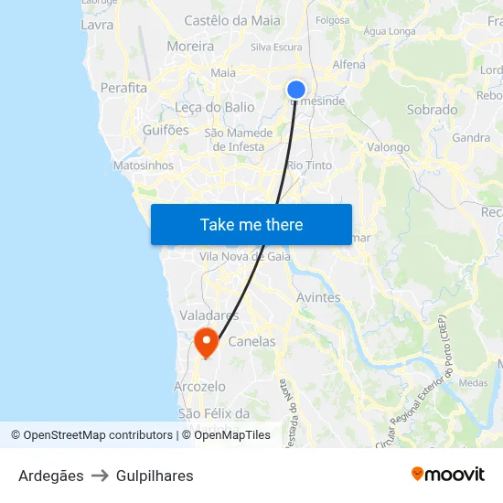 Ardegães to Gulpilhares map