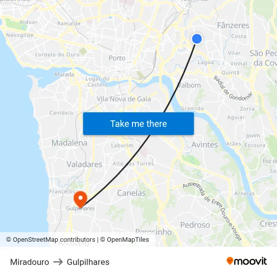 Miradouro to Gulpilhares map