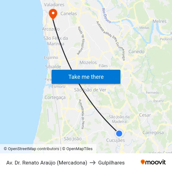 Av. Dr. Renato Araújo (Mercadona) to Gulpilhares map