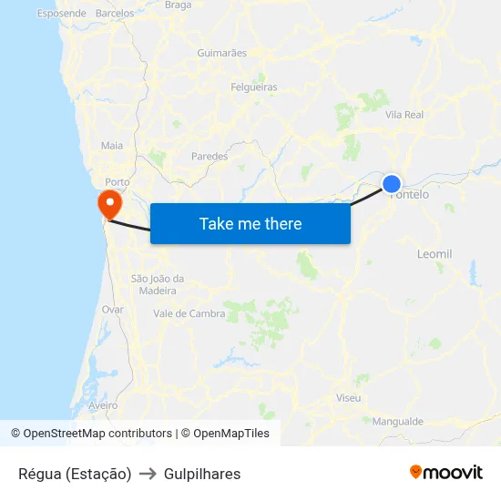 Régua (Estação) to Gulpilhares map