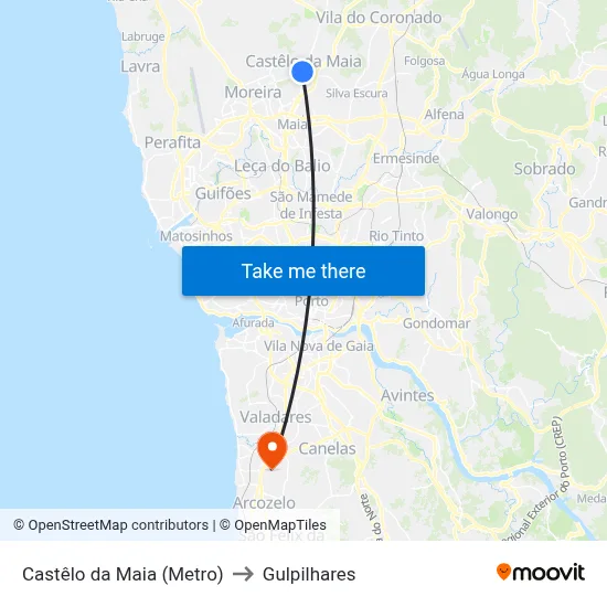 Castêlo da Maia (Metro) to Gulpilhares map