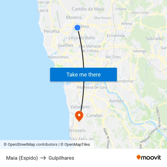 Maia (Espido) to Gulpilhares map