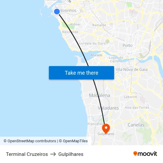 Terminal Cruzeiros to Gulpilhares map