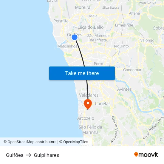 Guifões to Gulpilhares map