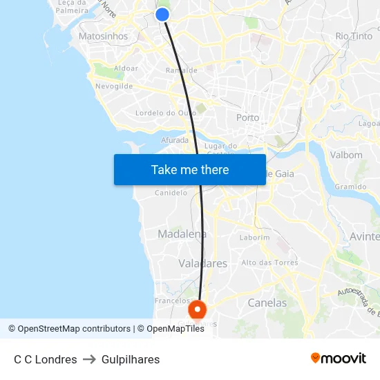 C C Londres to Gulpilhares map