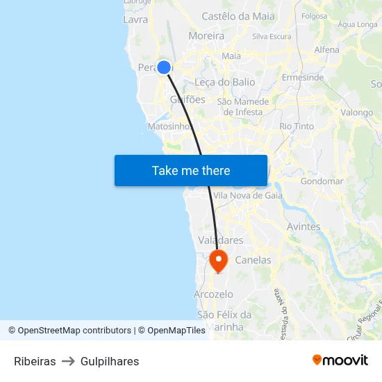 Ribeiras to Gulpilhares map