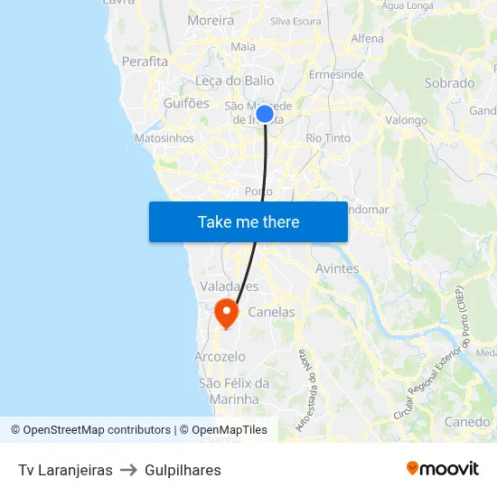 Tv Laranjeiras to Gulpilhares map