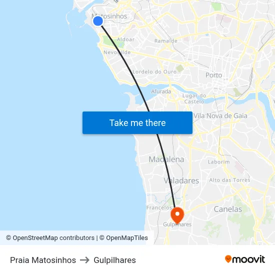 Praia Matosinhos to Gulpilhares map