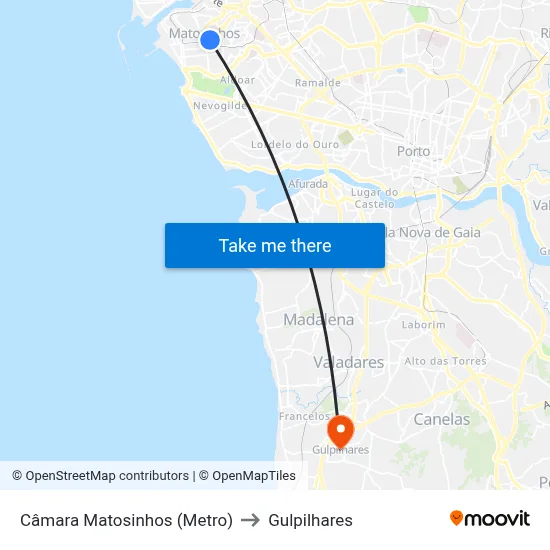 Câmara Matosinhos (Metro) to Gulpilhares map