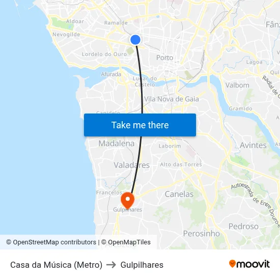Casa da Música (Metro) to Gulpilhares map