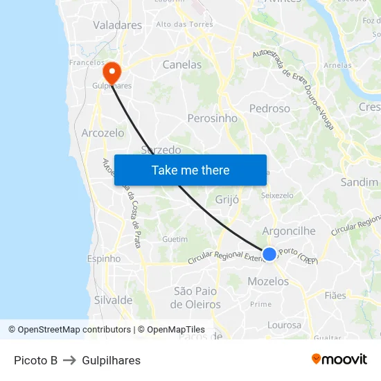 Picoto B to Gulpilhares map
