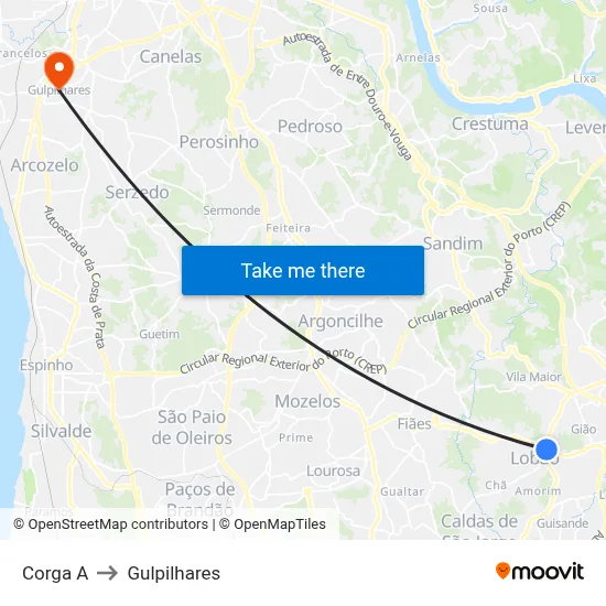 Corga A to Gulpilhares map