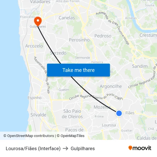 Lourosa/Fiães (Interface) to Gulpilhares map