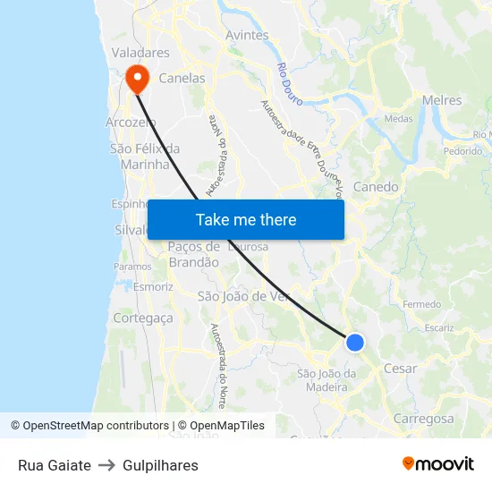 Rua Gaiate to Gulpilhares map