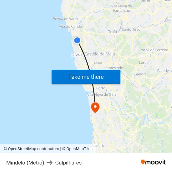 Mindelo (Metro) to Gulpilhares map