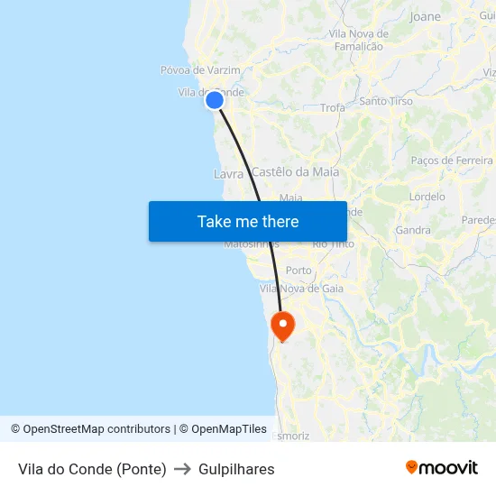 Vila do Conde (Ponte) to Gulpilhares map