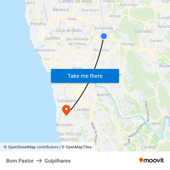 Bom Pastor to Gulpilhares map