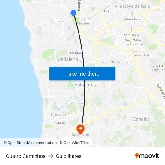 Quatro Caminhos to Gulpilhares map