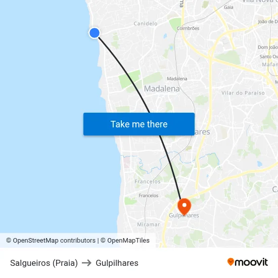 Salgueiros (Praia) to Gulpilhares map