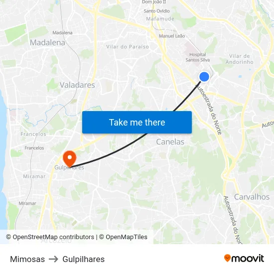 Mimosas to Gulpilhares map