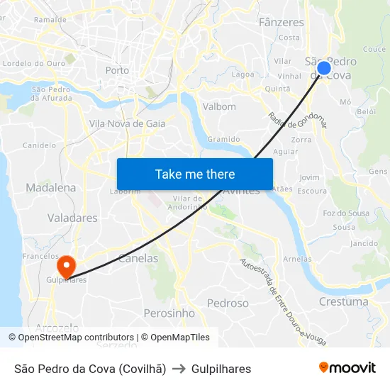 São Pedro da Cova (Covilhã) to Gulpilhares map