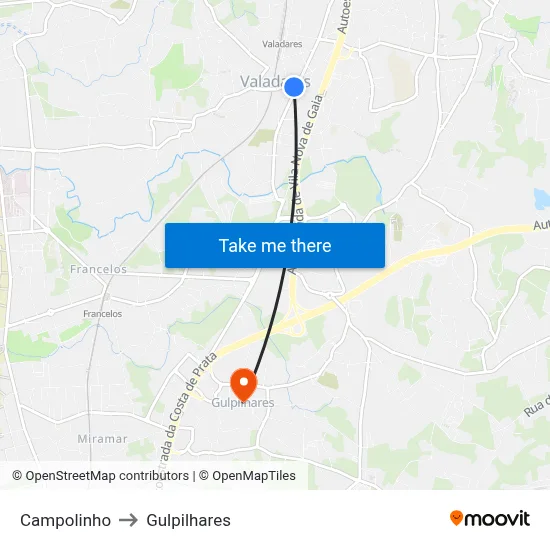 Campolinho to Gulpilhares map