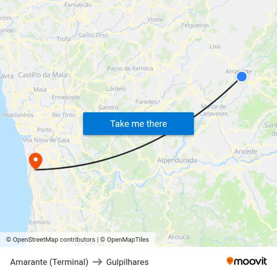 Amarante (Terminal) to Gulpilhares map