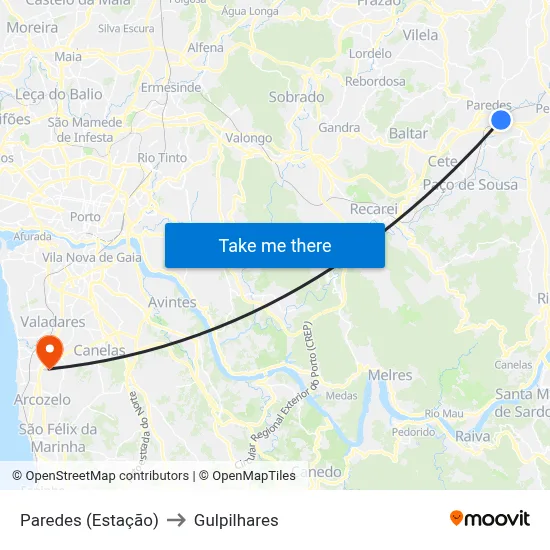 Paredes (Estação) to Gulpilhares map