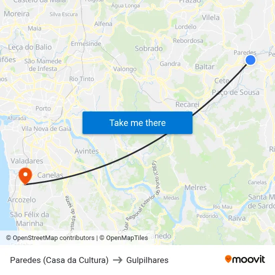 Paredes (Casa da Cultura) to Gulpilhares map