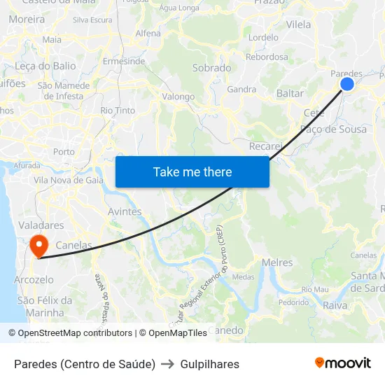 Paredes (Centro de Saúde) to Gulpilhares map