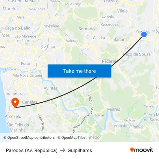 Paredes (Av. República) to Gulpilhares map