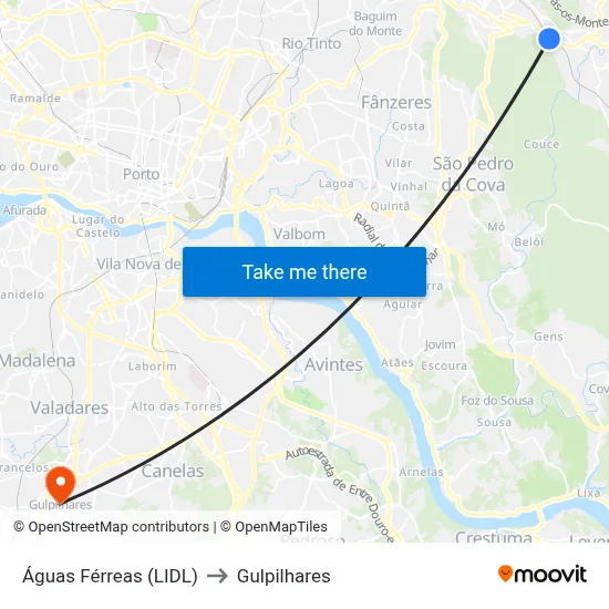 Águas Férreas (LIDL) to Gulpilhares map