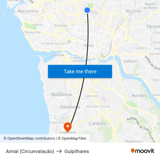 Amial (Circunvalação) to Gulpilhares map