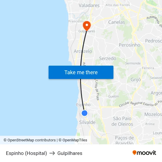 Espinho (Hospital) to Gulpilhares map