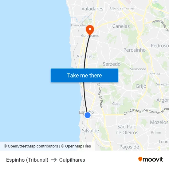 Espinho (Tribunal) to Gulpilhares map